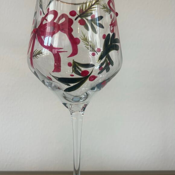 Hand Painted & Jeweled Wine Glass Set of 2  Coquette Christmas Red Bows & Holly - Picture 7 of 10